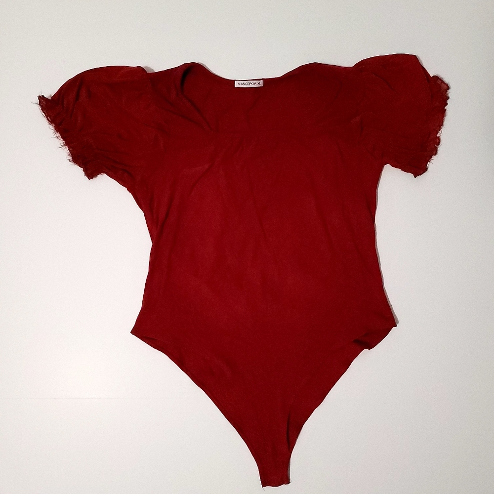 Mangopop Bodysuit XL Dark Red Squareneck Ruffles